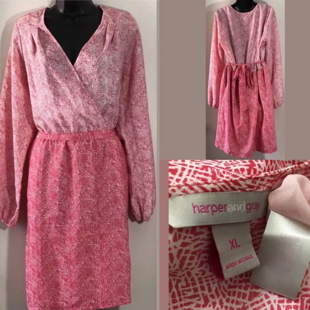 Harper and Gray • Pink Business Casual Balloon Long Sleeve Wrap Pocket Dress XL